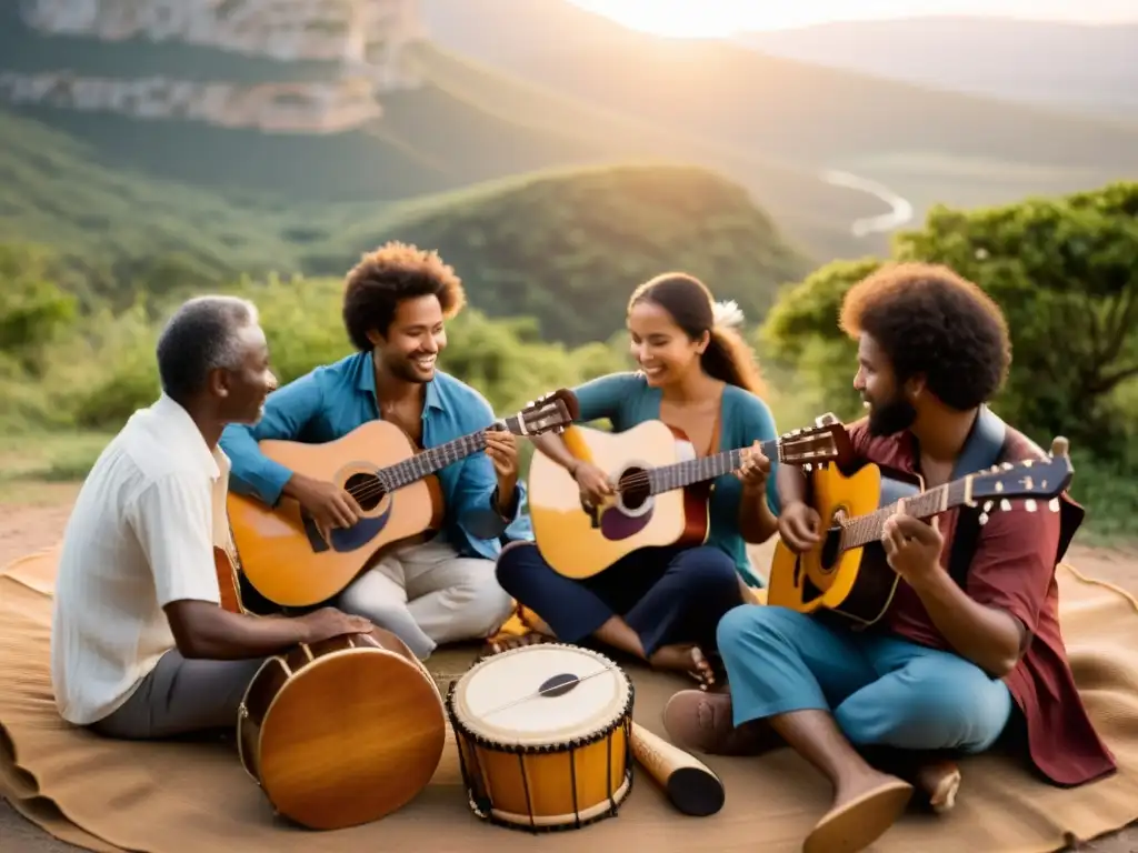 Un grupo de músicos improvisa con instrumentos folklóricos al atardecer, creando una atmósfera de autenticidad cultural