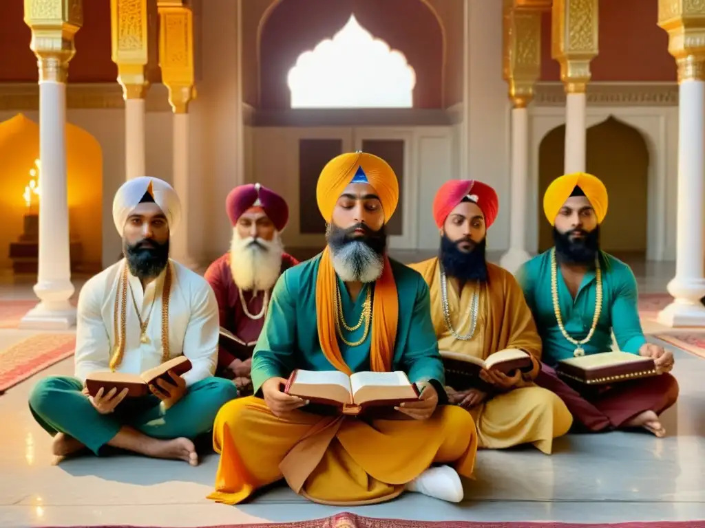 Grupo de músicos Sikh tocando instrumentos y cantando himnos en un templo, creando una atmósfera espiritual