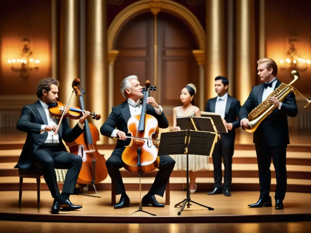 Grupo de músicos tocando instrumentos históricos en un majestuoso concierto, resaltando la restauración grabaciones orquestas históricas