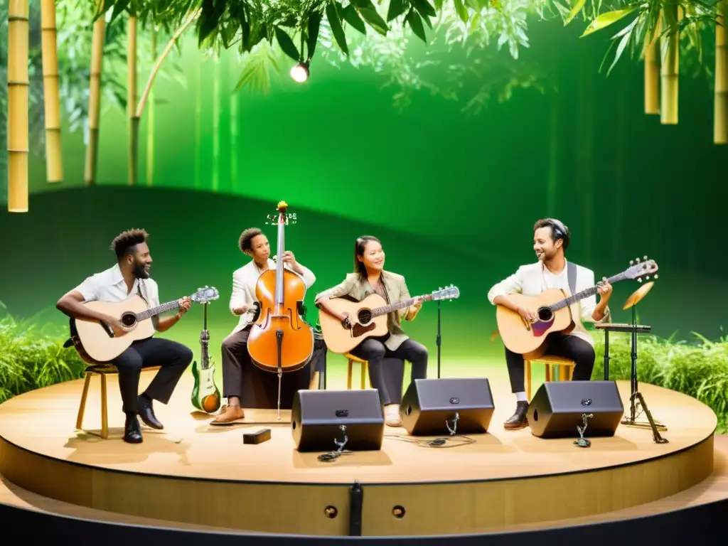 Grupo de músicos tocando instrumentos musicales sostenibles en un escenario rodeado de naturaleza exuberante