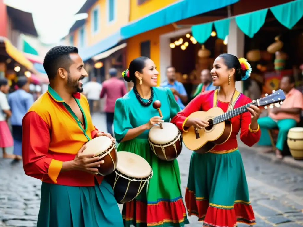 Grupo de músicos con instrumentos musicales populares en Latinoamérica, vistiendo ropa tradicional, tocando en un animado mercado callejero