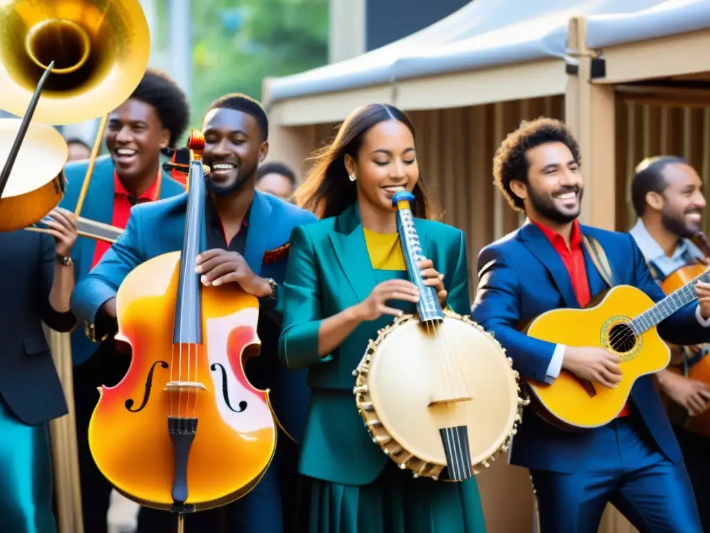 Un grupo de músicos toca instrumentos musicales hechos de materiales reciclados, rodeados de una audiencia entusiasta