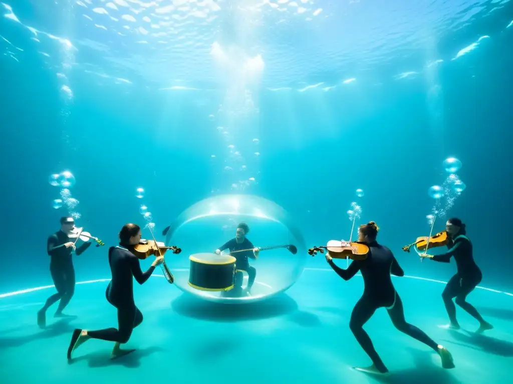 Un grupo de músicos tocan instrumentos musicales subacuáticos innovadores en un entorno submarino cristalino y turquesa, rodeados de vida marina, creando una atmósfera etérea y única