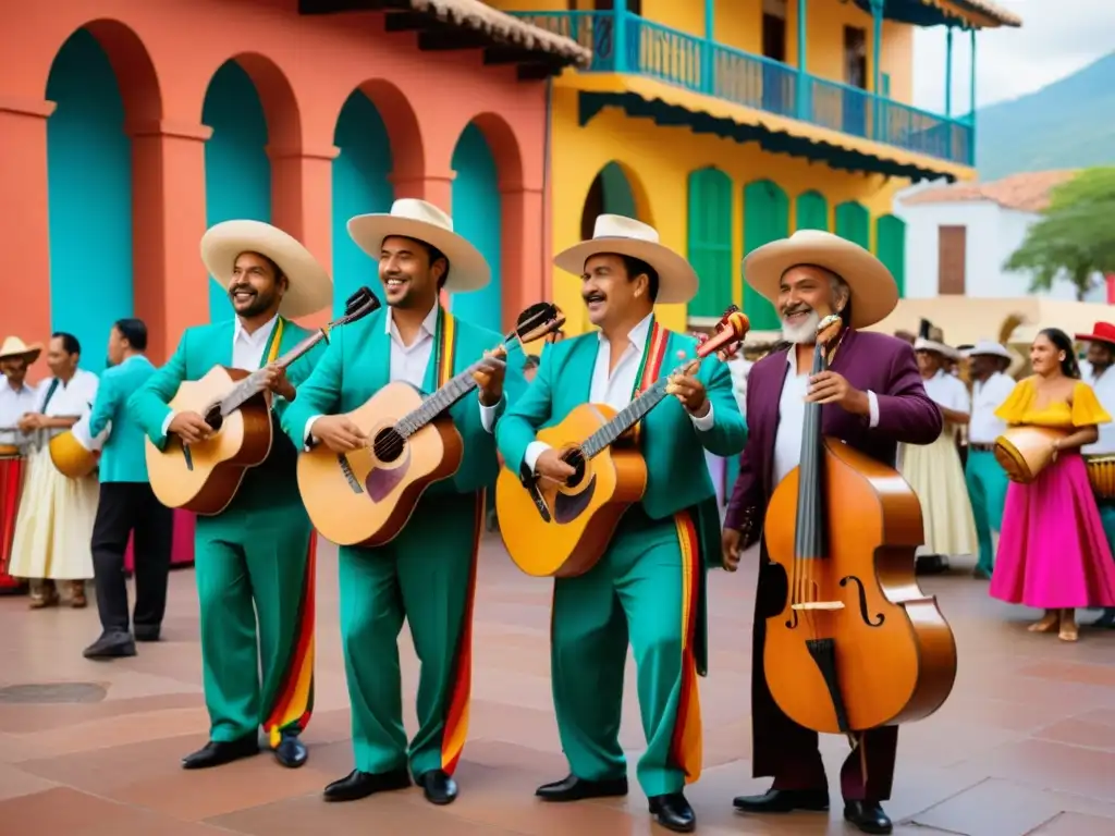 Grupo de músicos con instrumentos musicales latinoamericanos enseñanza tocando en colorida plaza durante festival cultural