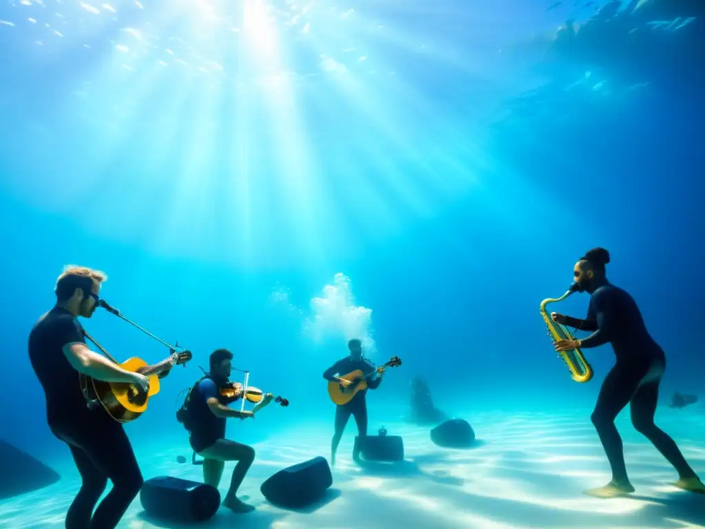 Un grupo de músicos toca instrumentos musicales subacuáticos innovadores en un océano azul brillante, rodeados de vida marina vibrante y rayos de sol