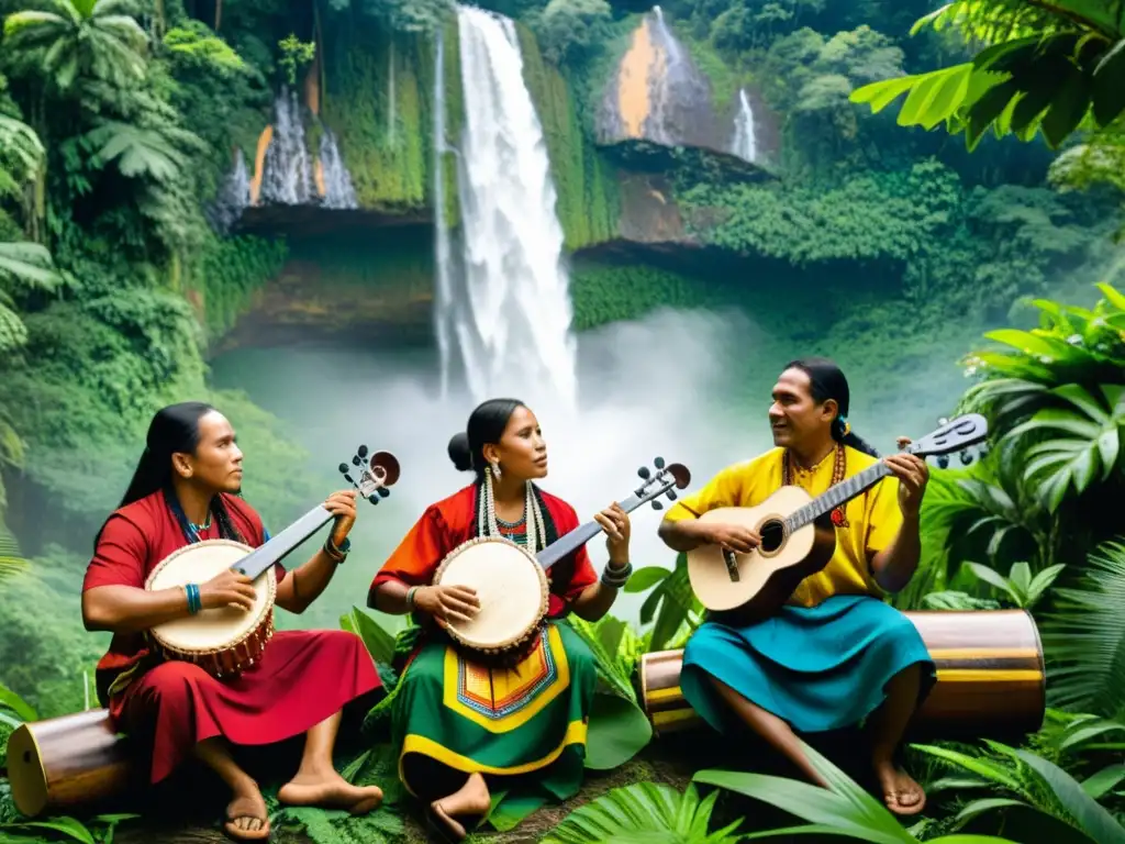 Un grupo de músicos indígenas toca instrumentos musicales tradicionales en la exuberante selva