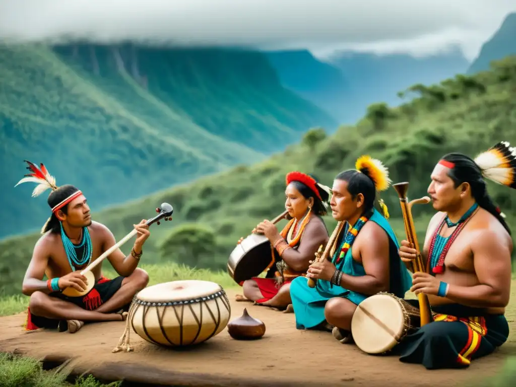 Un grupo de músicos indígenas toca instrumentos musicales en rituales ancestrales, inmersos en la emoción y significado espiritual de la ceremonia