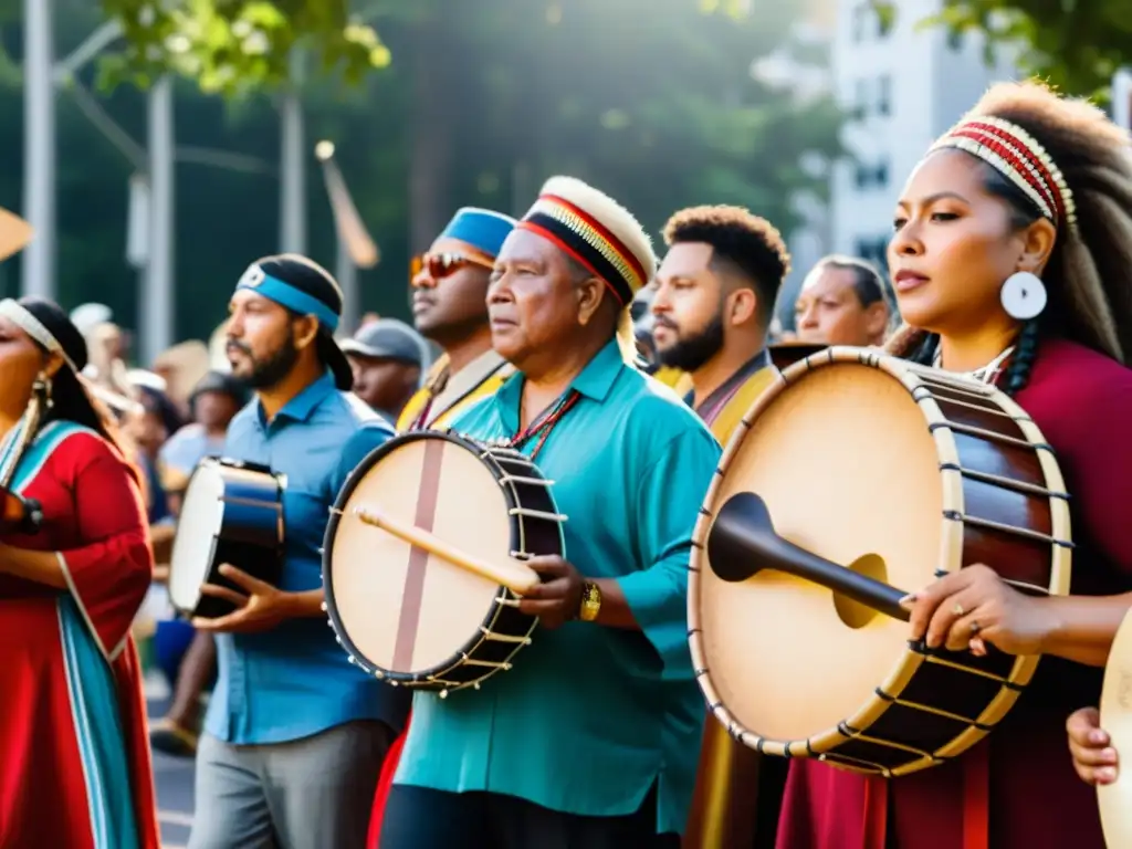 Grupo de músicos con instrumentos musicales de protesta cultural en marcha