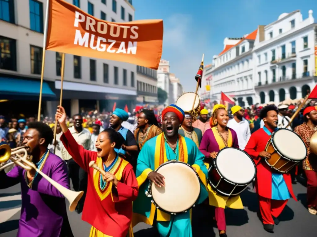 Grupo de músicos tocando instrumentos musicales de protesta cultural en una manifestación callejera llena de energía y determinación