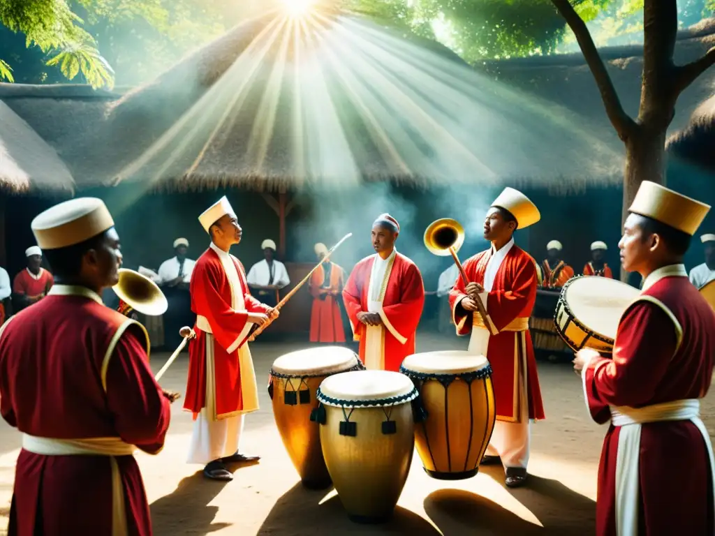 Grupo de músicos tocando instrumentos musicales en prácticas religiosas, vistiendo trajes tradicionales vibrantes, creando una atmósfera espiritual