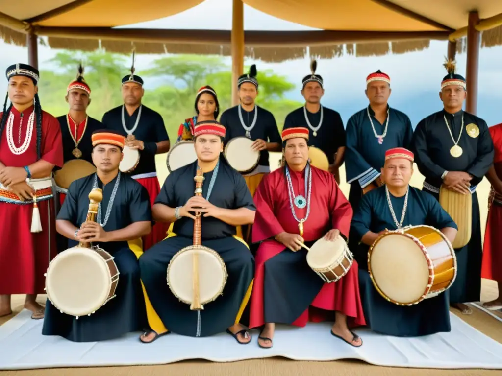 Un grupo de músicos indígenas toca instrumentos musicales en prácticas religiosas, vistiendo trajes ceremoniales vibrantes