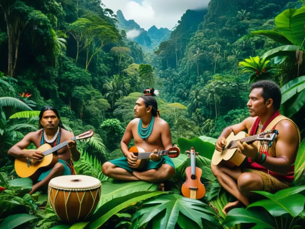 Un grupo de músicos indígenas toca instrumentos musicales imitando sonidos naturales en la exuberante selva