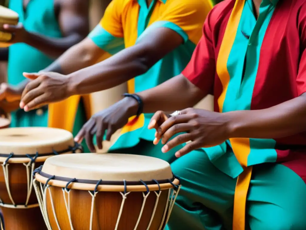 Un grupo de músicos toca instrumentos de percusión tradicionales Afrobrasileños durante una ceremonia de Candomblé