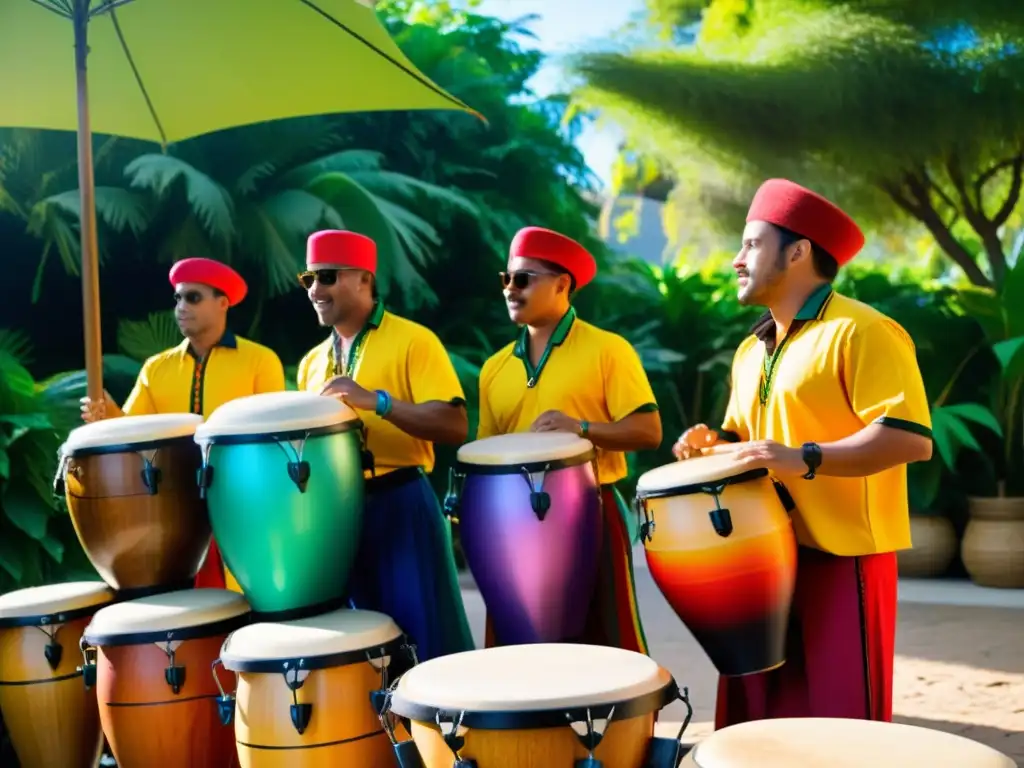 Grupo de músicos tocando instrumentos de percusión latinoamericana en vibrante actuación al aire libre, rodeados de exuberante vegetación