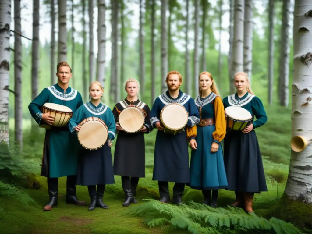 Grupo de músicos con instrumentos de percusión en el folk nórdico, rodeados de naturaleza y vestidos con atuendos tradicionales