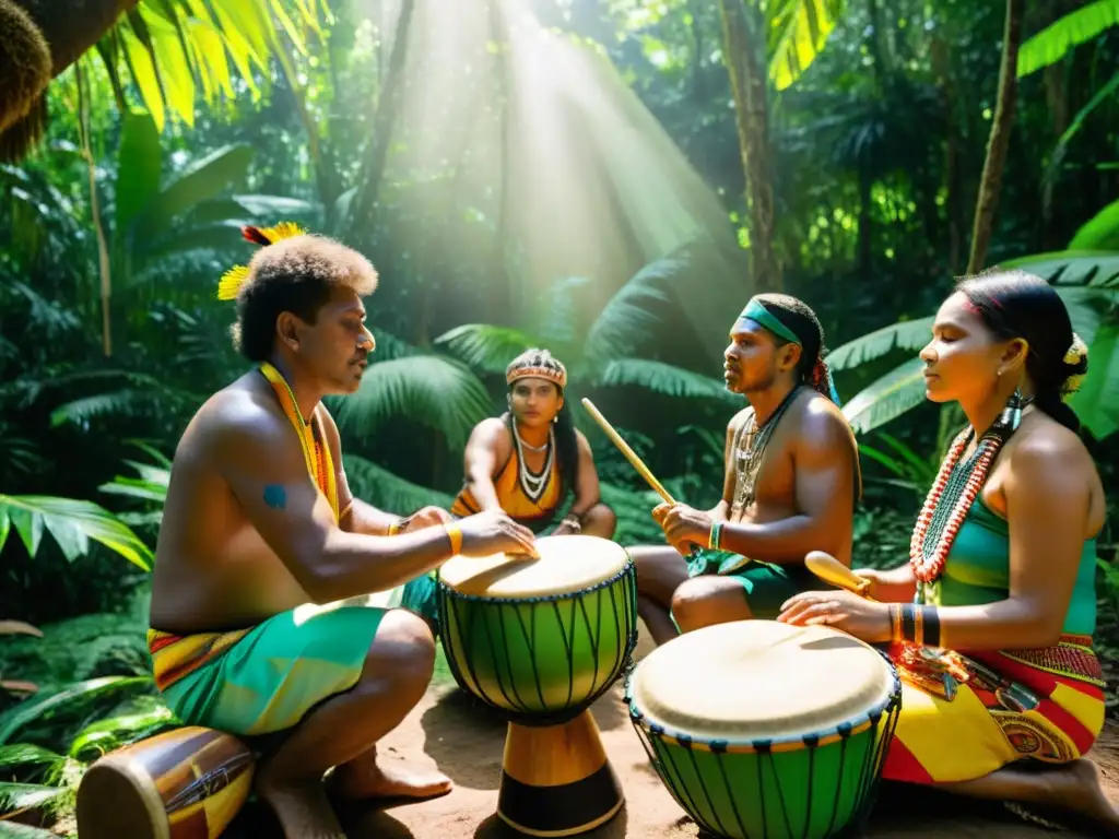 Percusión indígena en la selva: ritmo y tradición Un grupo de músicos indígenas toca instrumentos de percusión en la exuberante selva, destacando el redescubrimiento contemporáneo de la percusión indígena en América del Sur