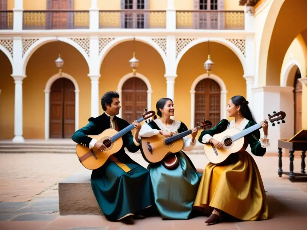 Grupo de músicos tocando instrumentos renacentistas en el Festival Internacional Música Renacentista Bolivia en un patio histórico de Bolivia, bañados por luz dorada al atardecer