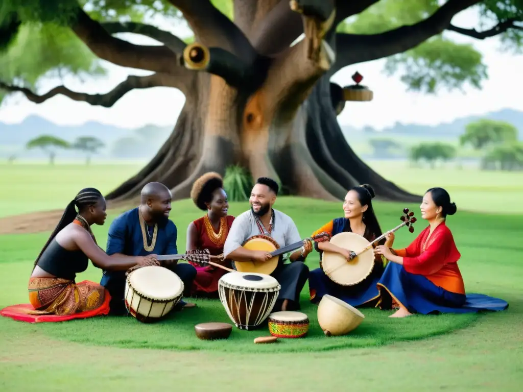 Grupo de músicos diversos tocando instrumentos tradicionales del mundo bajo un árbol