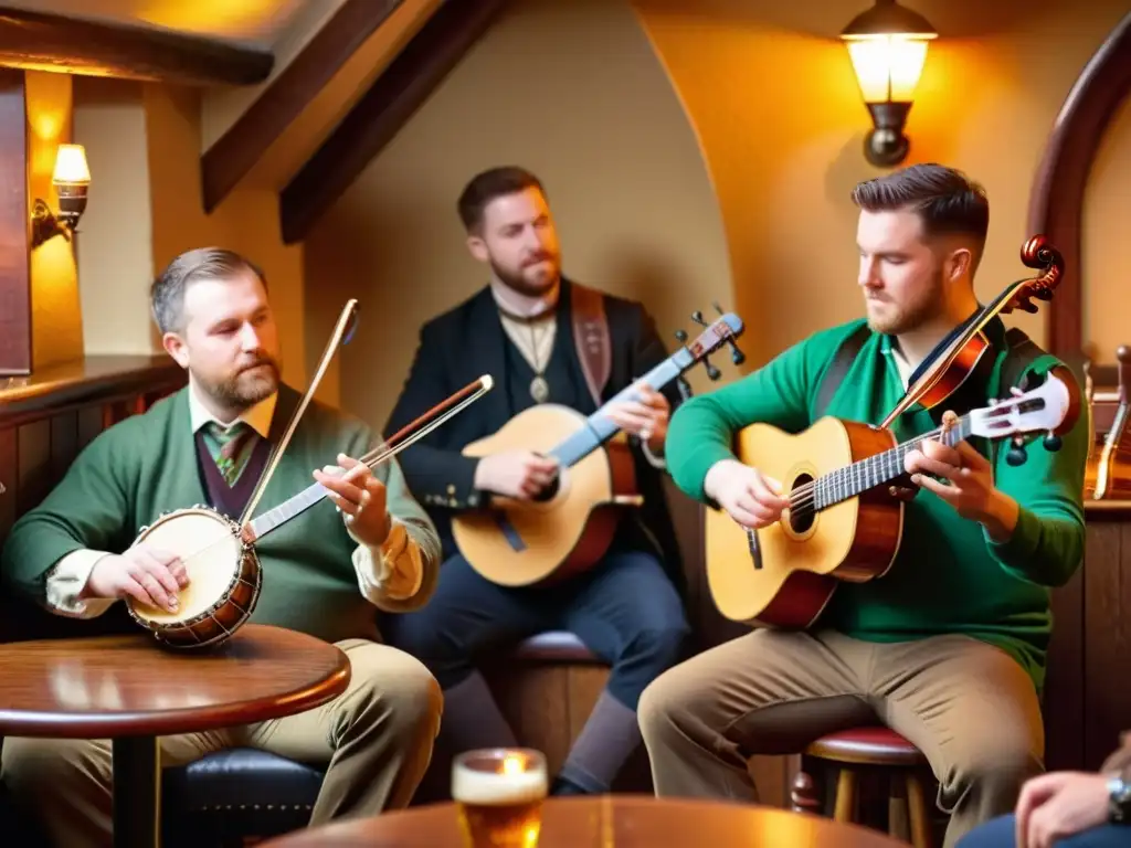 Un grupo de músicos tocan instrumentos tradicionales irlandeses en un pub acogedor, rodeados de una atmósfera cálida