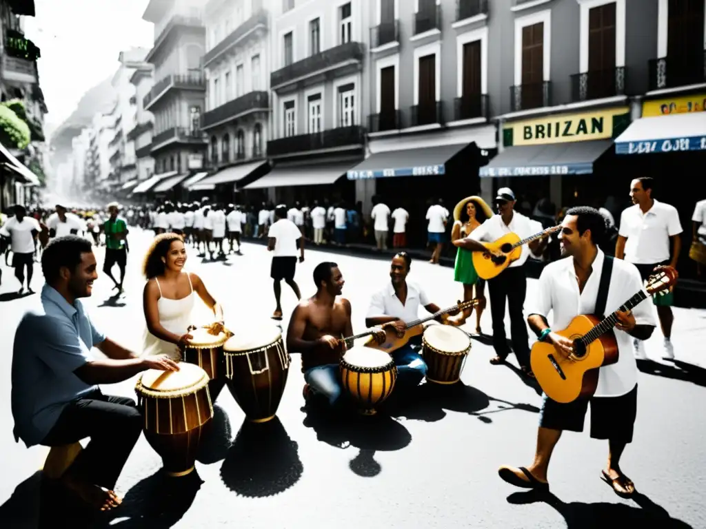 Ritmo y pasión: Músicos brasileños en las calles de Río Grupo de músicos tocando instrumentos tradicionales brasileños en bulliciosa calle de Río de Janeiro