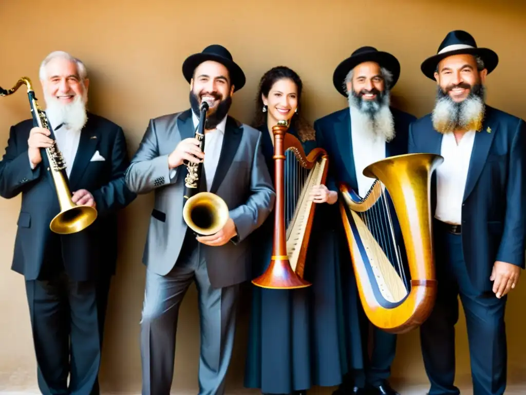 Grupo de músicos tocando instrumentos tradicionales judíos en ceremonia religiosa