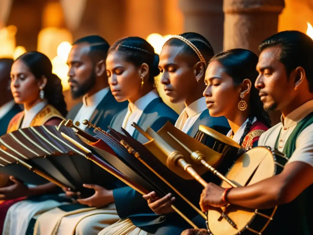 Un grupo de músicos indígenas toca instrumentos tradicionales en una ceremonia religiosa, iluminados por la cálida luz de las velas