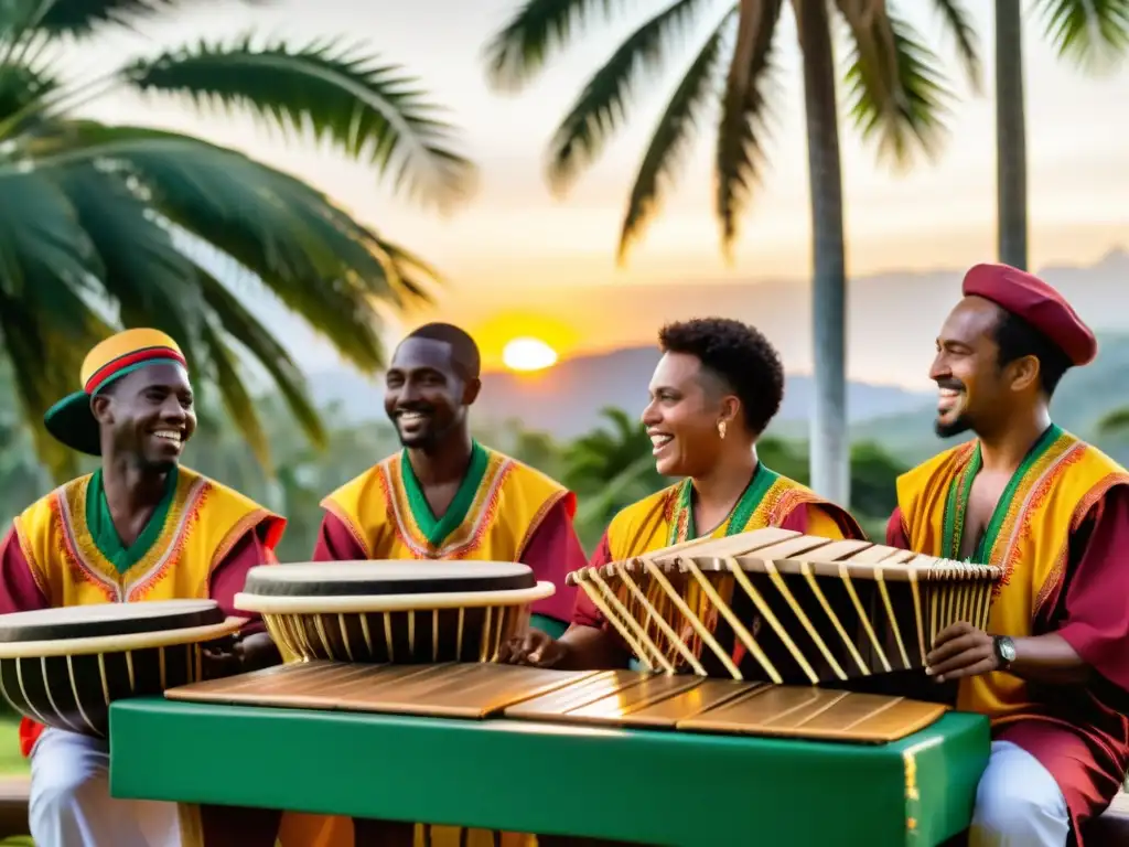 Un grupo de músicos toca instrumentos tradicionales afrocolombianos bajo palmeras, con la cálida luz del atardecer