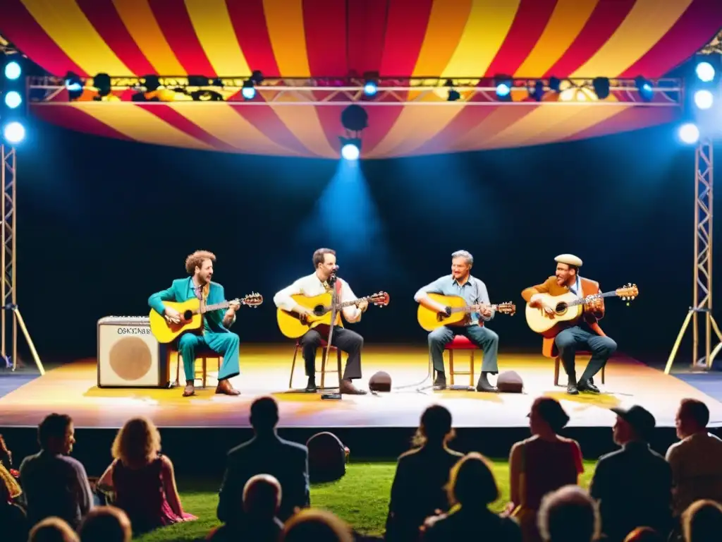 Grupo de músicos tocando instrumentos tradicionales en el escenario del Festival de Cambridge música tradicional, mientras la audiencia disfruta