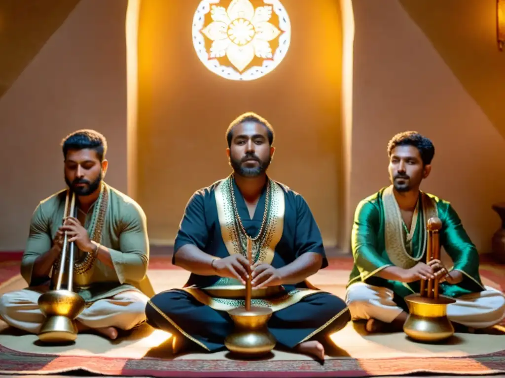 Un grupo de músicos sikha toca instrumentos tradicionales, con expresiones concentradas en un ambiente reverente iluminado por la suave luz dorada del atardecer