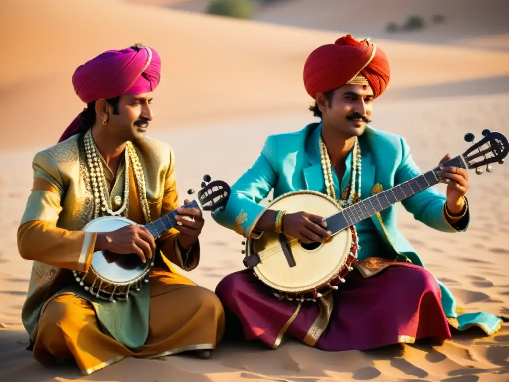 Un grupo de músicos rajasthaníes toca instrumentos tradicionales bajo el sol del desierto en el Festival de Música de Rajastán