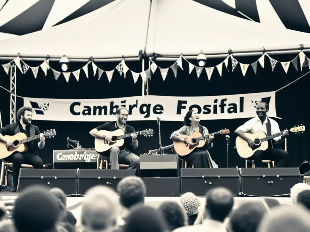 Grupo de músicos tocando instrumentos tradicionales en el Festival de Cambridge música tradicional, con expresiones apasionadas y atmósfera festiva