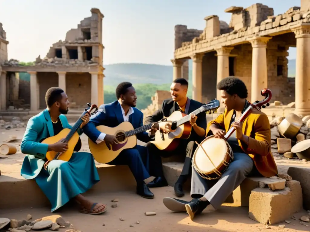 Grupo de músicos tocando instrumentos tradicionales entre ruinas, preservando su herencia musical en zonas de conflicto