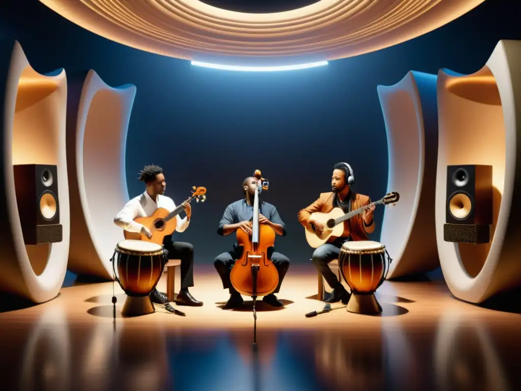 Grupo de músicos tocando instrumentos tradicionales en estudio de sonido 3D, fusionando arte tradicional con tecnología de sonido espacial