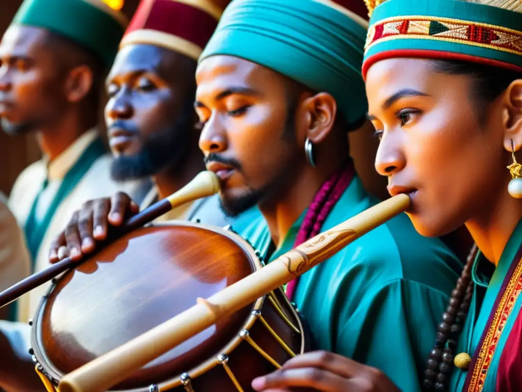 Un grupo de músicos toca instrumentos tradicionales, reflejando la intensidad de su conexión musical y la diversidad de sus experiencias migratorias