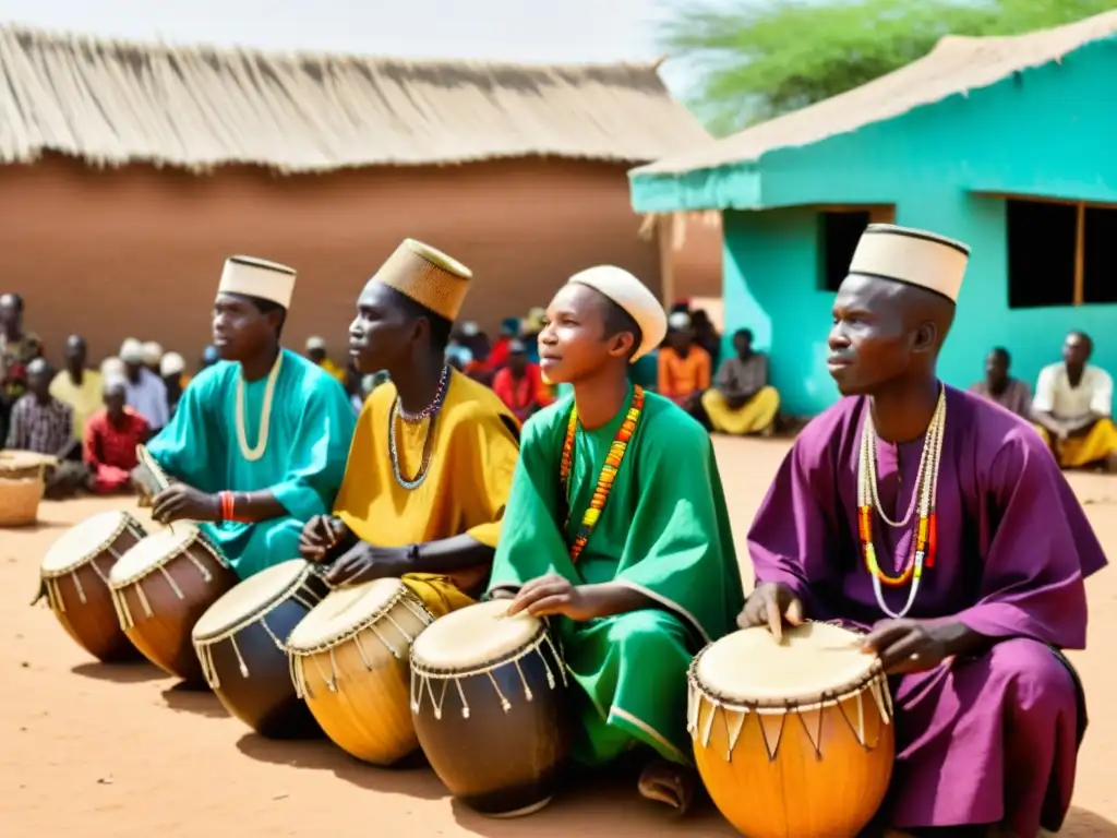 Grupo de músicos Ngoni tocando instrumentos tradicionales en plaza de Mali, capturando la resistencia cultural del Ngoni en Mali