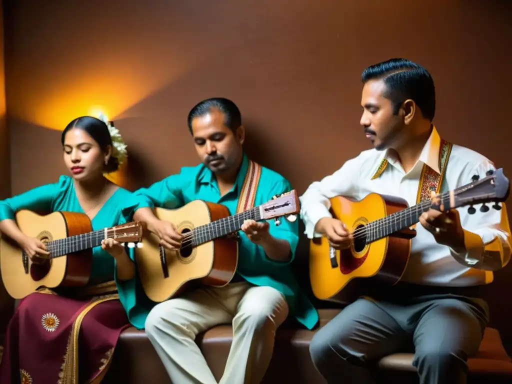 Un grupo de músicos interpreta con pasión instrumentos tradicionales de Son Jarocho en un ambiente íntimo y tenue, reflejando la vibrante naturaleza de este género musical icónico