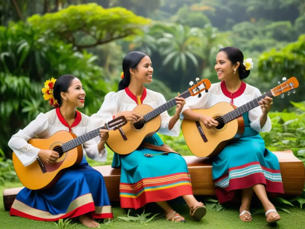 Grupo de músicos tocando instrumentos tradicionales filipinos, reviviendo la riqueza sonora de Filipinas en un entorno natural vibrante