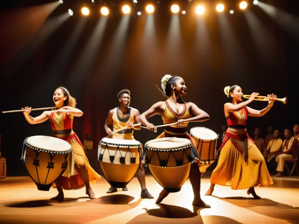 Un grupo de músicos toca instrumentos tradicionales mientras una bailarina realiza una rutina expresiva