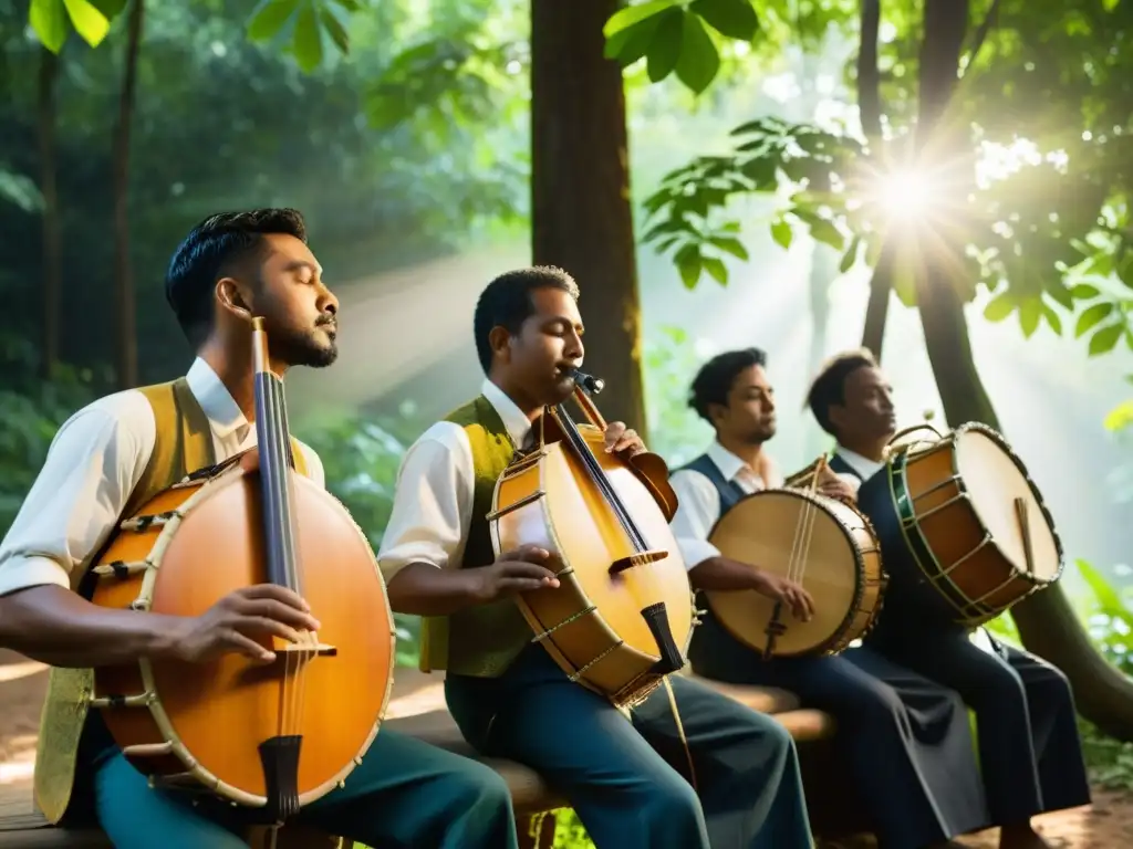 Un grupo de músicos tocan instrumentos tradicionales bajo el dosel de un bosque exuberante, evocando eventos musicales neutrales en carbono