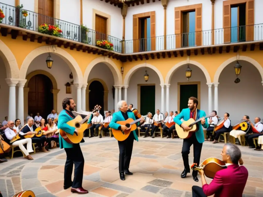 Grupo de músicos tocando instrumentos tradicionales en una animada plaza española