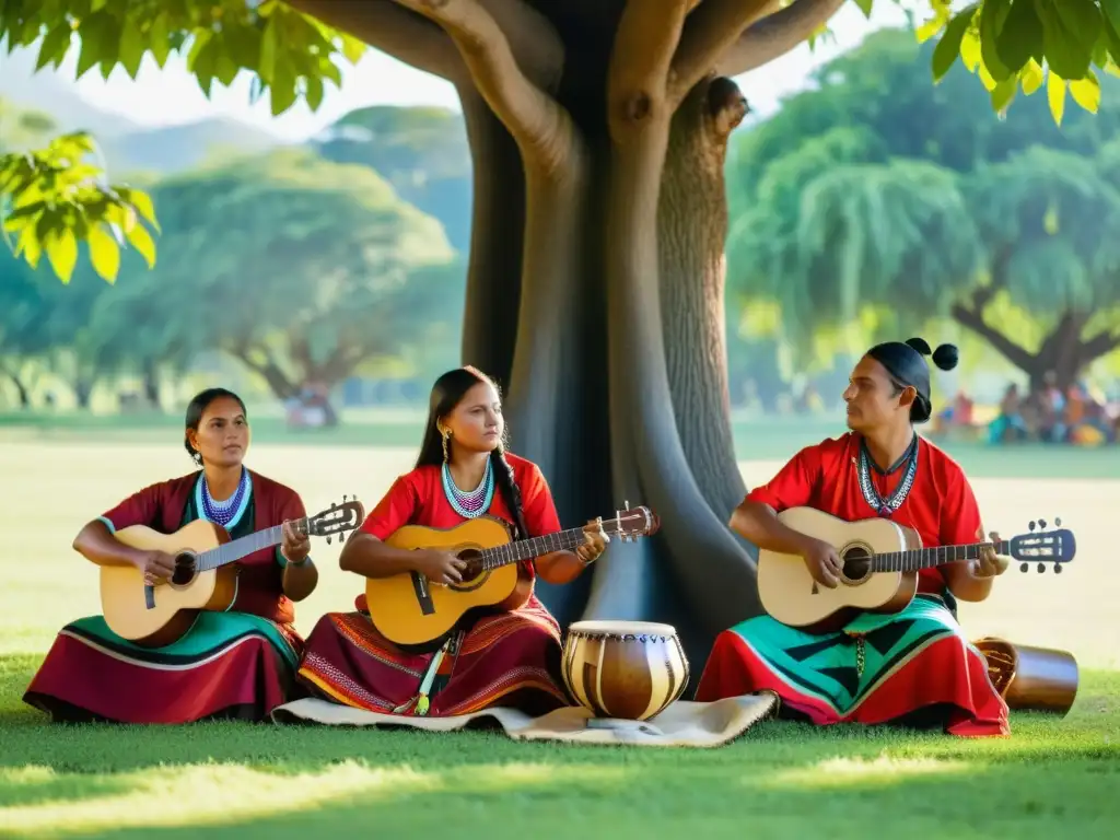 Un grupo de músicos indígenas toca instrumentos tradicionales bajo la sombra de un gran árbol, rodeados de exuberante vegetación