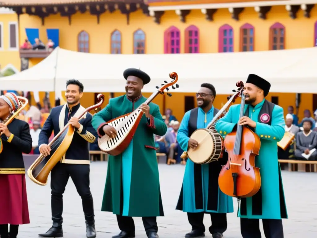 Grupo de músicos diversos tocando instrumentos tradicionales en una bulliciosa plaza pública, rodeados de una multitud