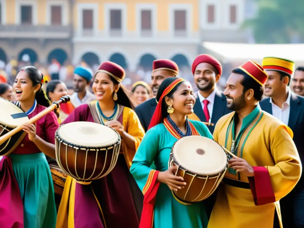 Grupo de músicos tocando instrumentos tradicionales en un festival cultural