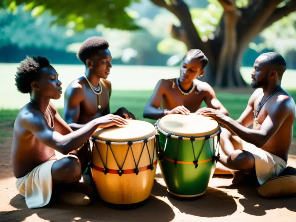 Un grupo de músicos toca con intensidad bajo un árbol frondoso, en una atmósfera de reverencia y tradición Nyabinghi Steppers