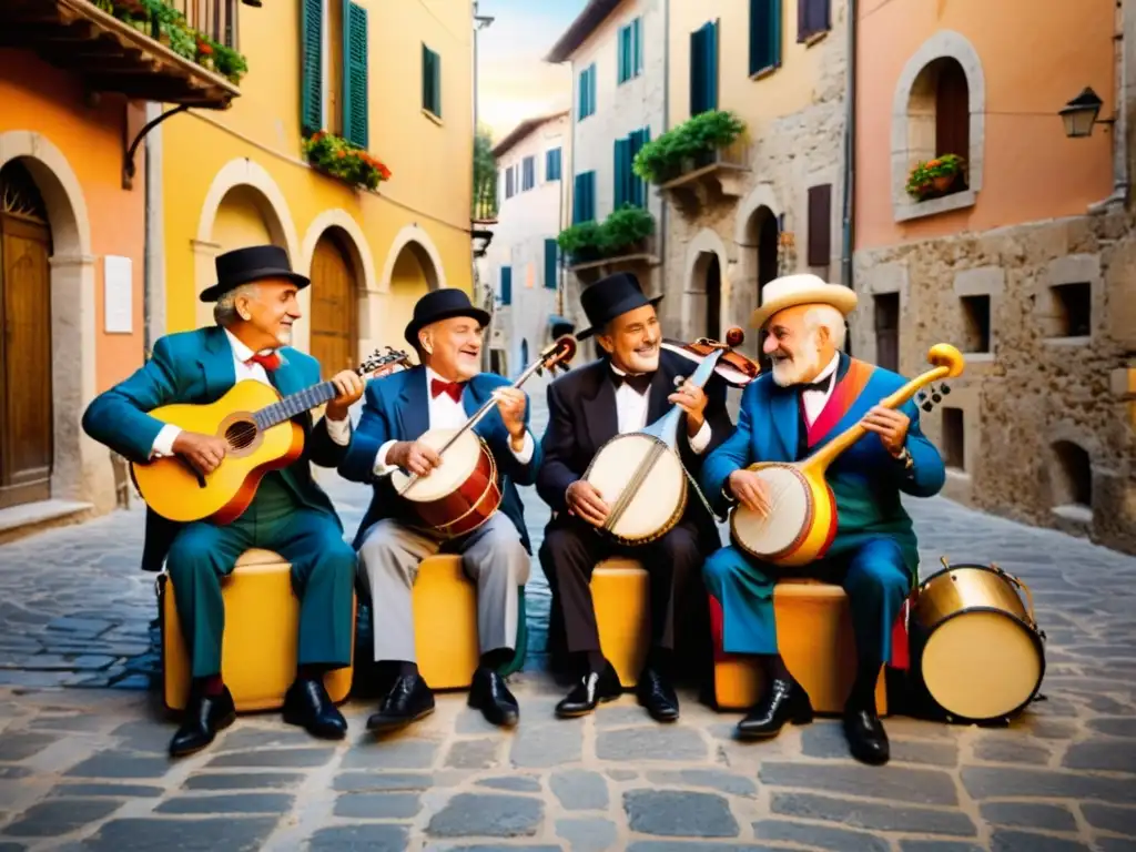 Un grupo de músicos italianos mayores tocando zampognas en una plaza pintoresca, rodeados de edificios históricos y calles empedradas