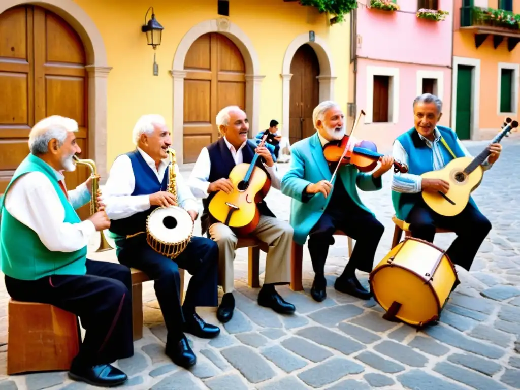 Un grupo de músicos italianos mayores tocando zampognas en un animado festival en Italia