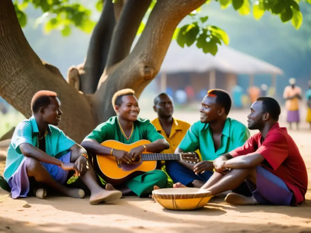 Grupo de músicos congoleños tocando likembes bajo un árbol en la aldea, en una escena que captura la historia del likembe del Congo