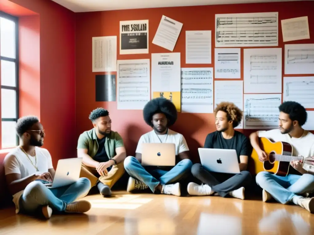 Grupo de músicos colaborando en línea, componiendo música con laptops y tabletas en un ambiente creativo y lleno de luz natural