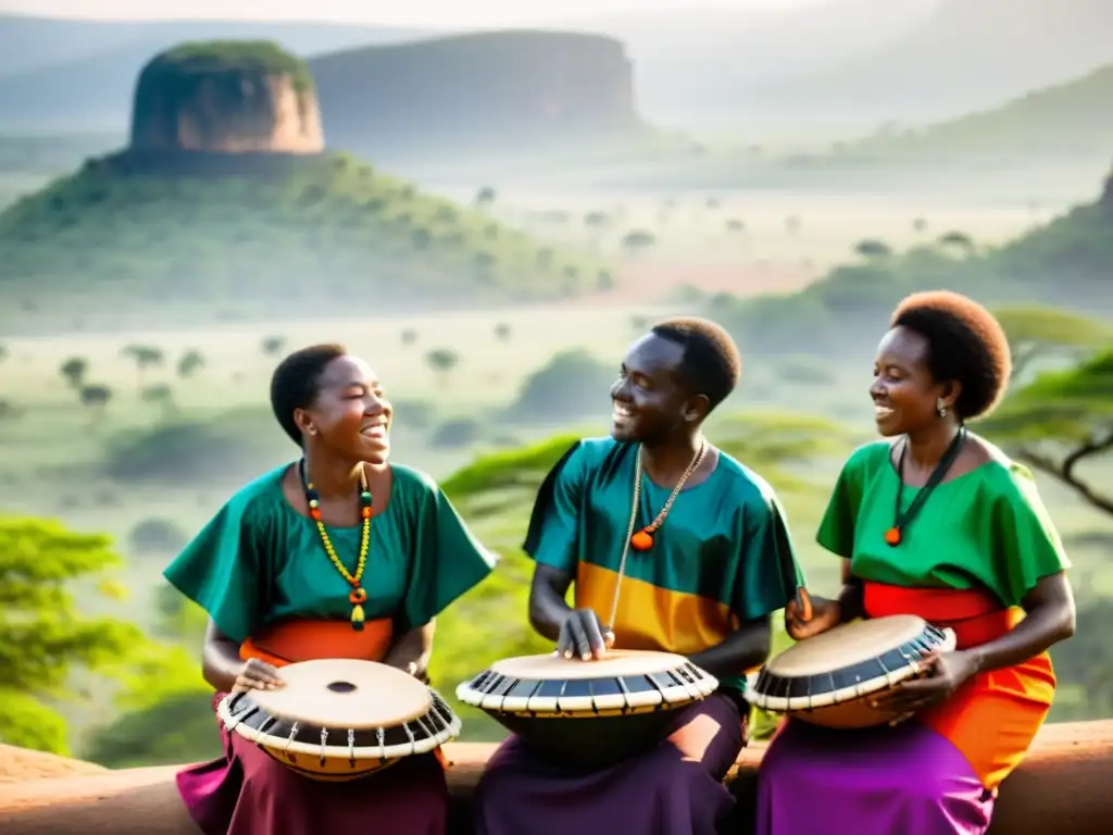 Grupo de músicos Lozi tocando la marimba de tubos en Zambia, con colores vibrantes y paisaje natural, una escena cultural fascinante