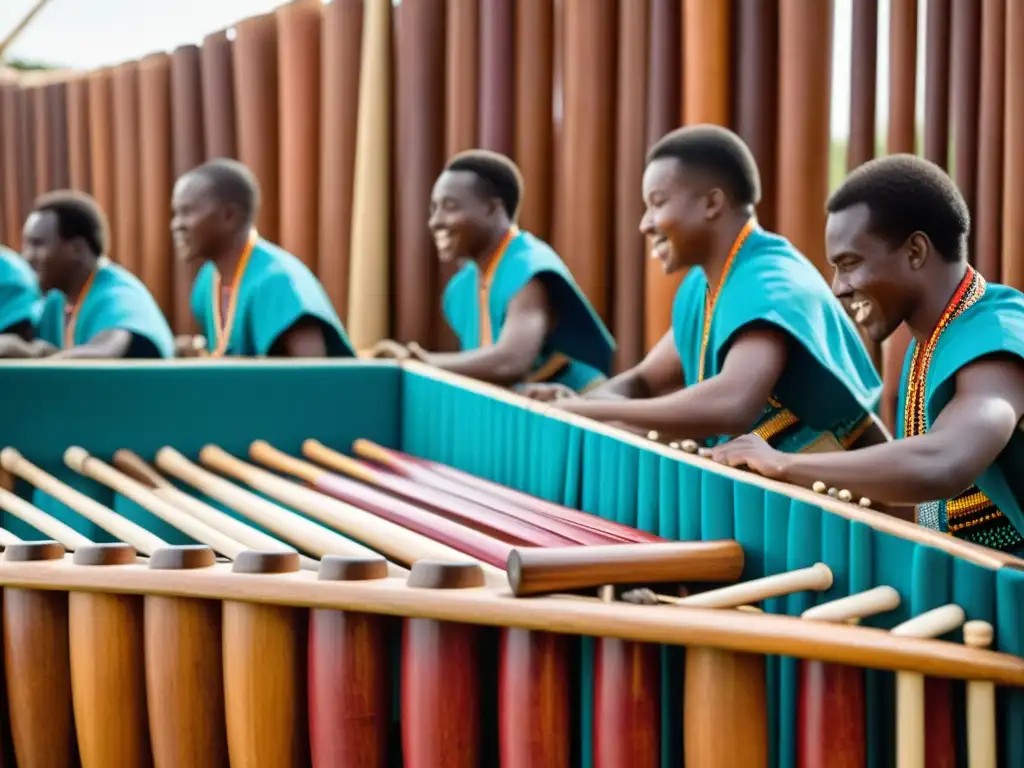 Grupo de músicos Lozi tocando la marimba de tubos en Zambia, con detalles vibrantes de la vestimenta y expresiones concentradas